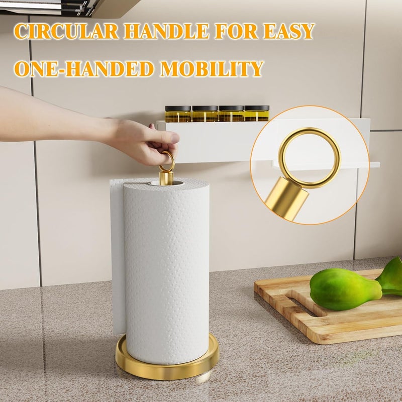 HZE Gold Paper Towel Holder Countertop, Gold Kitchen Accessories Decor, One-Handed Tear, Stainless Steel, Weighted Base, Ring Paper Towel Holder Stand with Ratchet System for Kitchen Farmhouse Essentials - Image 3